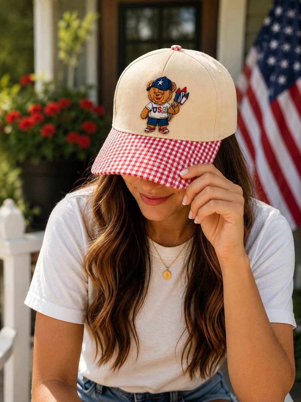 Patriotic Teddy Bear Hat |USA Bear Baseball Beige& Red Gingham Bear Baseball Cap